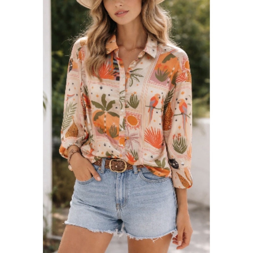 NWT‎ House of Harlow 1960 Satin Tropical Shirt Top Parrot Leopard Retro Resort S